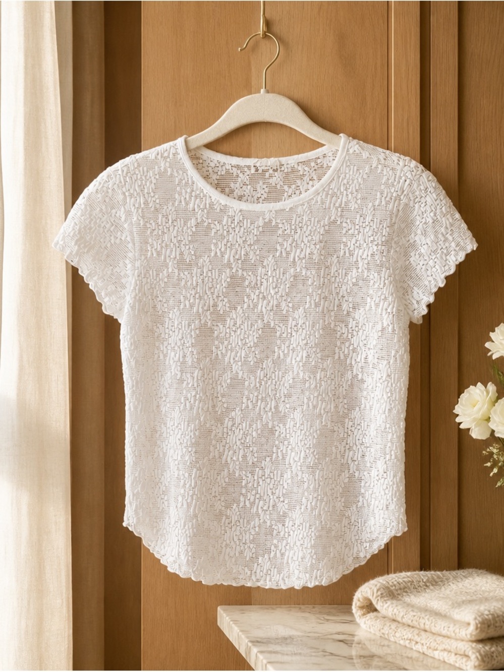 Free People White Lace Short Sleeve Top